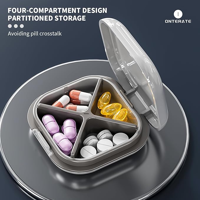 ONTERATE Small Pill Case, Travel Pill Organizer, Small Pill Box, Pill Container for Purse 4 Compartments, Daily Compact Travel Medicine Holder for Vitamins Medication (Black)