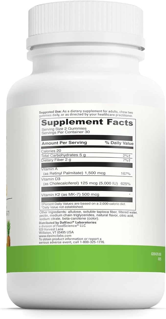 DAVINCI Labs ADK Gummies - Helps Support Bone Health & Immune Response* - Multivitamin Gummy with Vitamins A, D3 & MK-7 - Vegetarian, Gluten Free, Soy Free - Pineapple Flavor - 60 Gummies