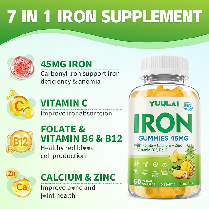 Iron Gummies for Women & Men, Iron Supplement Plus Calcium, Zinc, Folate & Vitamin B12, C, B6 - Energy Support, Immune Health, Pineapple Flavor, 60 Count
