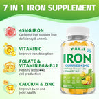 Pack of 2 Iron Gummies for Women & Men, Iron Supplement Plus Calcium, Zinc, Folate & Vitamin B12, C, B6 - Energy Support, Immune Health, Pineapple Flavor, 120 Count