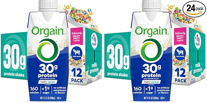 Orgain 30g High Protein Shake, Dairy Isolate Milk Protein, Fruity Cereal, 5g BCAAs, <1g Sugar Per Serving, Meal Replacement, Ready to Drink, Keto Friendly, Gluten-Free 11 Fl Oz,(Pack of 24)