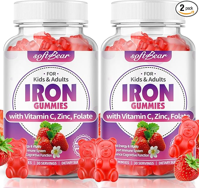 softbear Iron Gummies for Women & Men & Kids, Chewable Iron Supplements with Vitamin C,B3,B5,B6,B12 Supports Immune System, Energy & Vitality, Sugar-Free/Vegan, Strawberry Flavor 120 Count