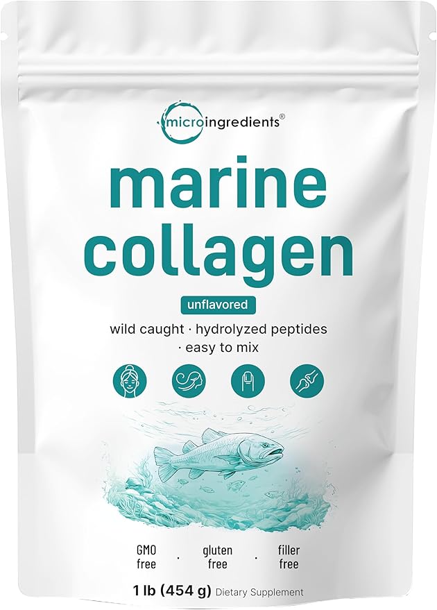 Micro Ingredients Marine Collagen Peptides Powder, 1 lb | Type I Marine Collagen + Natural Protein | Wild-Caught Fish Source | Unflavored | Pescatarian, Non-GMO