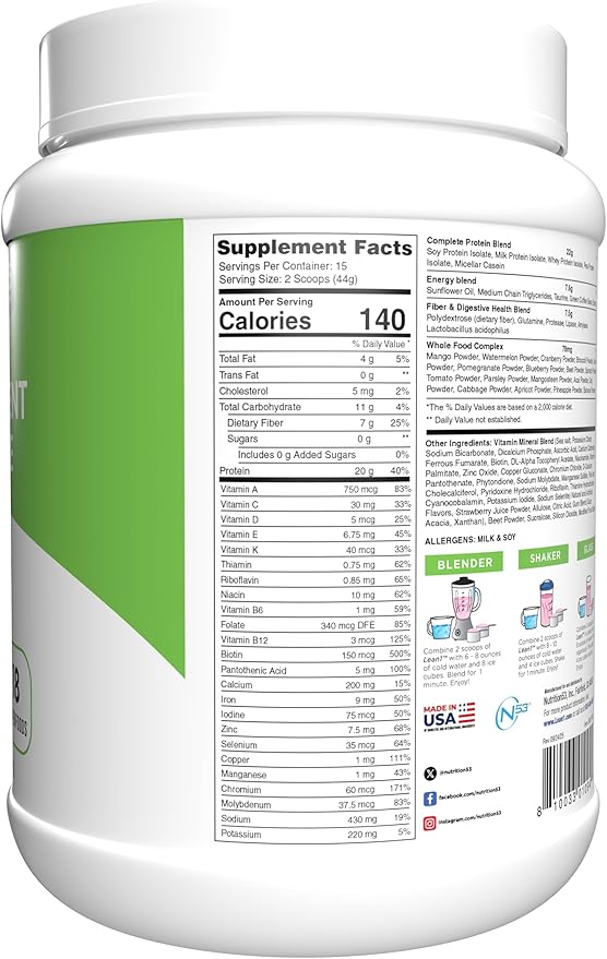 Lean1 Meal Replacement Protein Shake, Strawberry Flavor, 15 Serving Tub