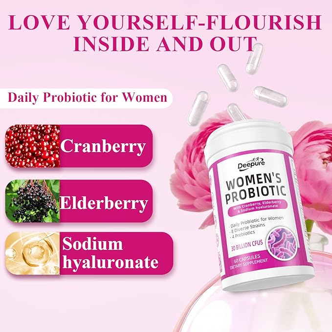 Deepure Probiotics and Prebiotics for Women - 30 Billion CFU Supports Vaginal pH Balance 8 Diverse Strains Enhance Urinary Tract Health Digestive Function & Boosts Immune System 60 Capsules