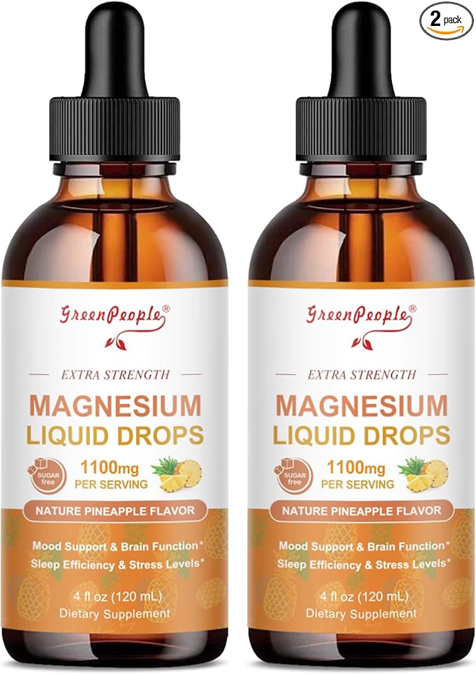 GREENPEOPLE 17-in-1 Triple Magnesium Complex Supplement,Magnesio Liquid Drops with Magnesium Glycinate & Citrate,Pineapple Flavor,Calm Mood,Muscle & Sleep for Adults,4 fl. oz 2Pack