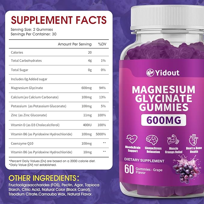 Magnesium Glycinate Gummies 600mg，High Absorption Magnesium Gummies, Sugar Free Chews for Adults & Kids Relaxation, Stress Relief (60 Count（Pack of 2）)