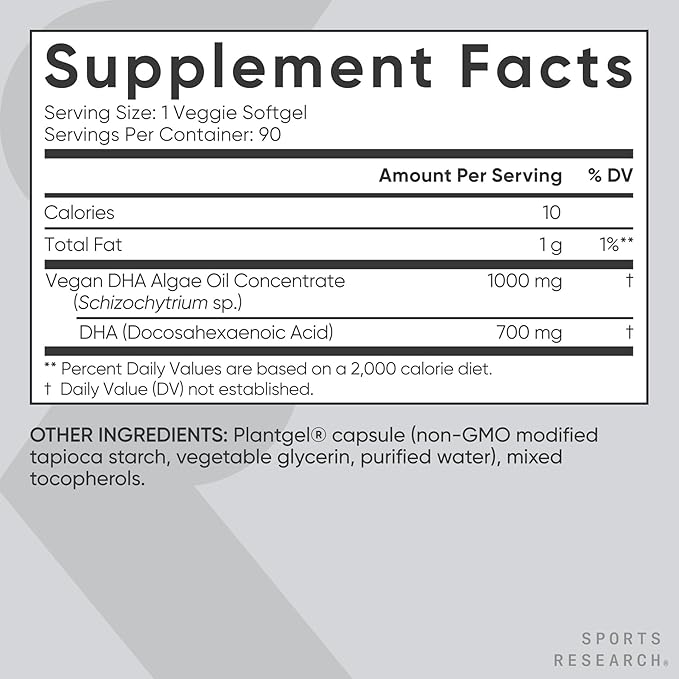 Sports Research® Vegan DHA 700mg - Cognitive Support, Brain Support, Supplement with Omega-3 DHA from Algae Oil - Vegan Certified · Non-GMO · Gluten Free - 90 Count Softgels