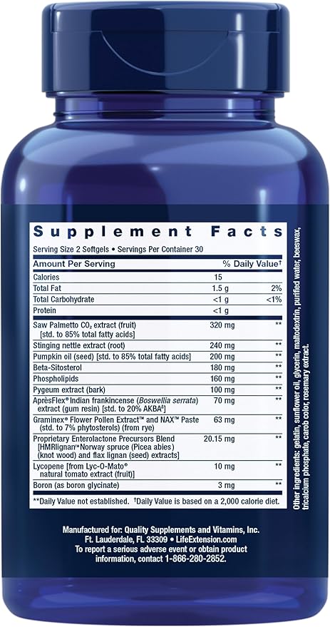 Life Extension Ultra Prostate Formula, Saw Palmetto for Men, pygeum, stinging Nettle Root, lycopene, Prostate Health, Urination Flow, PSA, Non-GMO, Gluten-Free, 60 softgels