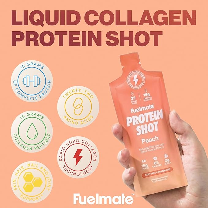 Strawberry Banana Liquid Collagen Easy Protein Shots - 15g Protein + 22 Amino Acids - Hydrolyzed Bovine Collagen Peptides for Skin, Hair & Joints - 10 x 1.29oz - Sugar, Dairy & Gluten Free