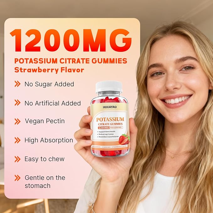 Potassium Citrate Gummies 1200mg for Adults, Women & Men Chewable Potassium Supplement for Muscle Health & Electrolyte Support Sugar Free, Strawberry Flavor, 120 Count