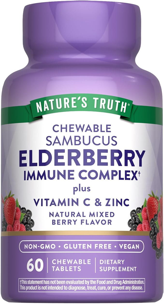 Nature's Truth Elderberry Immune Complex | 60 Chewable Tablets | Plus Vitamin C & Zinc | Mixed Berry | Vegan, Non-GMO, & Gluten Free Supplement
