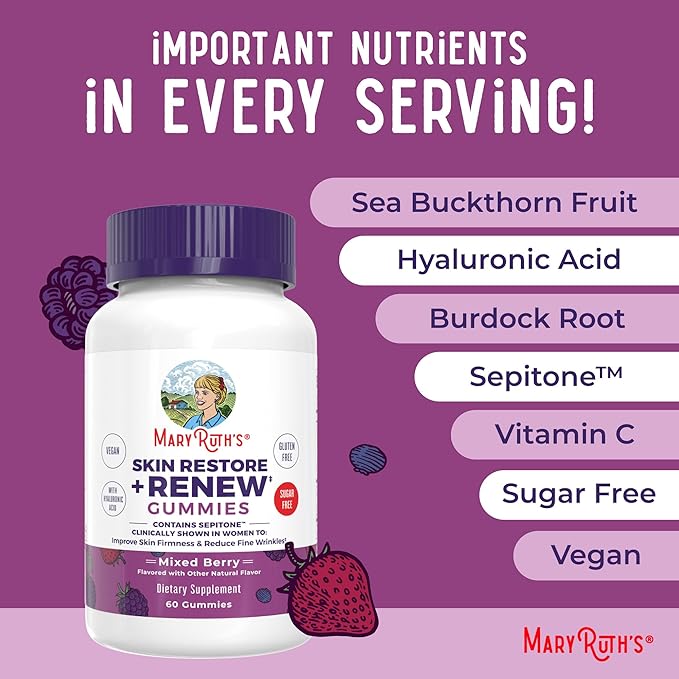MaryRuth's Skin Restore + Renew Gummies With Hyaluronic Acid | Skin Hydration | Clinically Shown in Women to Reduce Fine Wrinkles & Improve Skin Firmness | Vegan Collagen Production | 60 Gummies