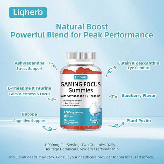 Focus Gummy for Gaming: with L-Theanine, Ashwagandha & Taurine, Stress Relief, Energy & Focus, for Gamers & Pros, Caffeine-Free, Sugar-Free Blueberry Flavor, Vegan, Non-GMO, Gluten Free, 60