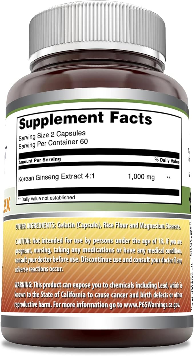Amazing Formulas Ginseng Complex 1000 Mg of 4:1 Korean Ginseng Extract | Capsules Supplement | Non-GMO | Gluten-Free | Made in USA (1 Pack | 120 Count)