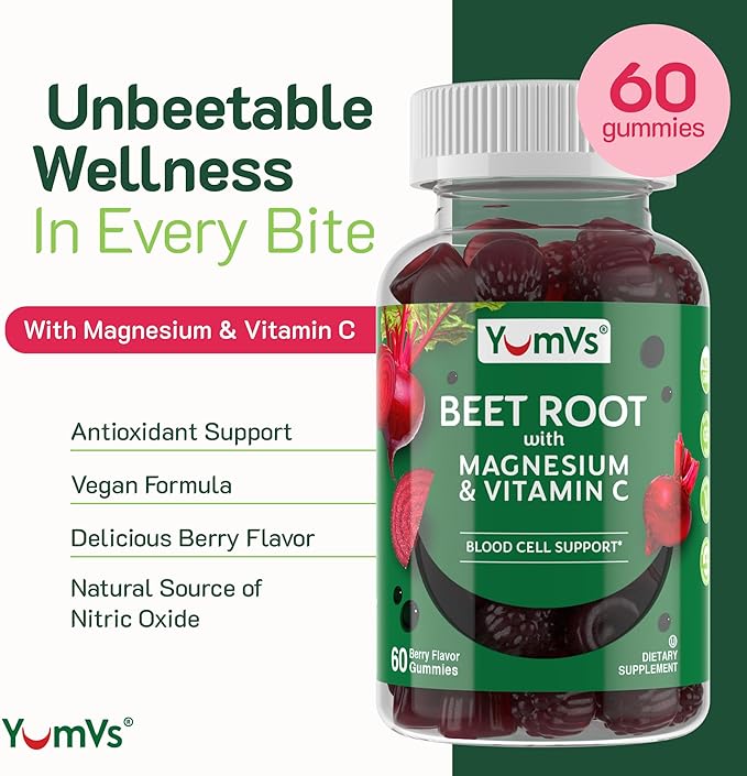 YumVs Beet Root Gummies with Magnesium & Vitamin C – Berry Flavor Beetroot Gummies – Nitric Oxide Support for Heart Health & Antioxidant Wellness – Vegan, Non-GMO – 60 Gummies
