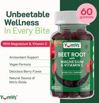 YumVs Beet Root Gummies with Magnesium & Vitamin C – Berry Flavor Beetroot Gummies – Nitric Oxide Support for Heart Health & Antioxidant Wellness – Vegan, Non-GMO – 60 Gummies