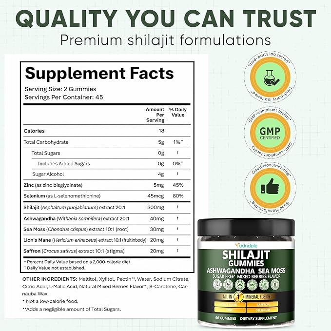 Adndale Himalayan Natural Shilajit Gummies for Men & Women, Sugar-Free Mixed Berries Flavor - with Ashwagandha, Sea Moss, Lion’s Mane & Saffron + Zinc & Selenium - 90 Gummies (45 Servings)