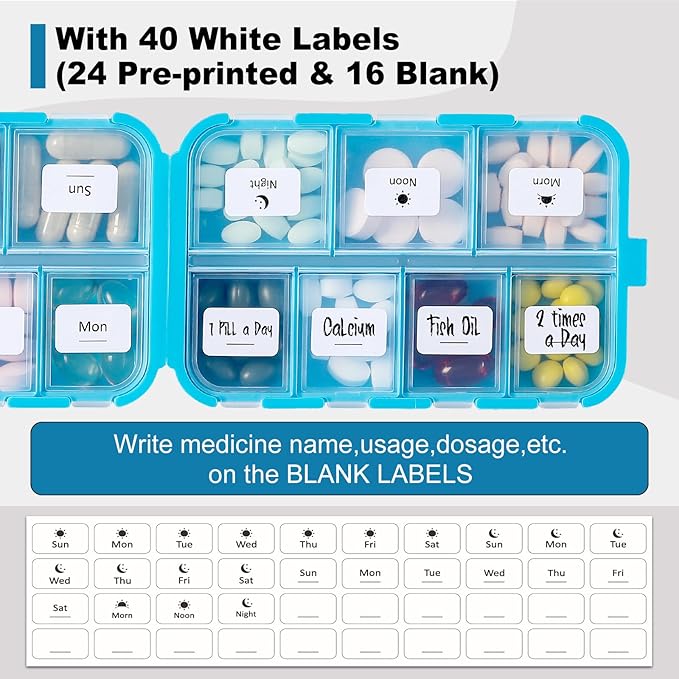 14 GRIDS Travel Pill Organizer Box with Labels - Travel Medicine Case Kit - Pocket Daily Pharmacy Container - Travel Medication Holder Dispenser for Fish Oil Vitamin Supplement Storage - Blue