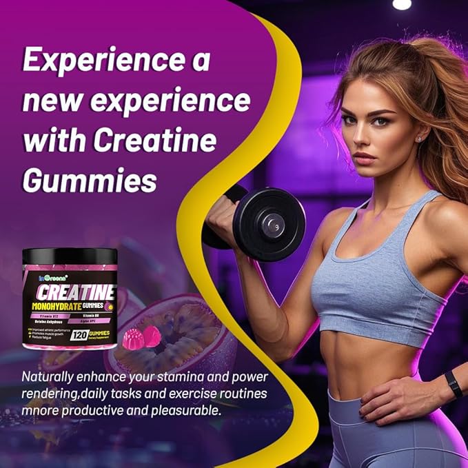 Creatine Monohydrate Gummies 6g for Men & Women, Potent Creatine Supplement, Chewables Creatine for Energy Boost, Increase Strength and Build Muscle, Gluten-Free, Sugar Free,120 Count