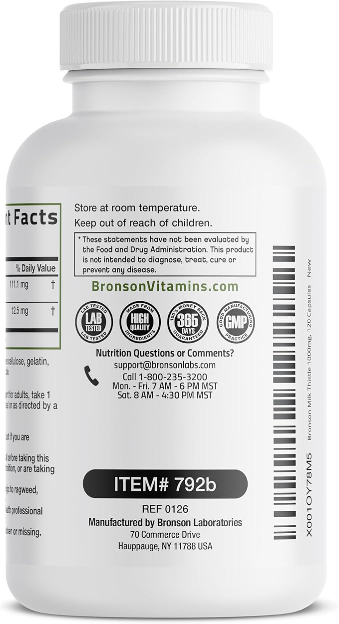 Bronson Milk Thistle Silymarin Marianum & Dandelion Extract Liver Health Support, Antioxidant Support, Detox, 120 Capsules
