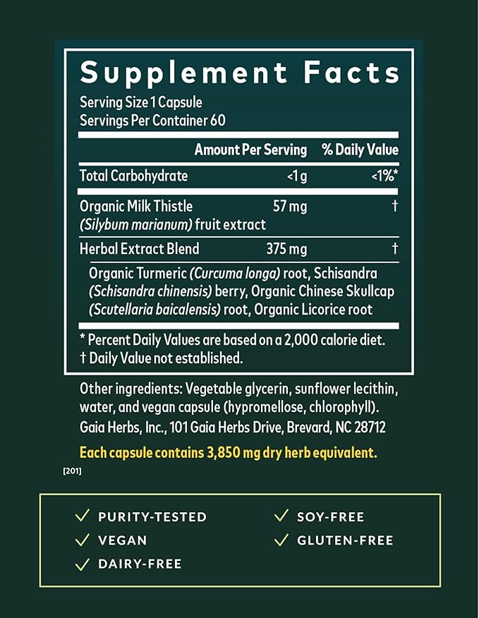 Gaia Herbs Liver Health - Supplement with Milk Thistle, Turmeric Root, Schisandra & Licorice Root for Liver & Cleanse Support* - 60 Vegan Liquid Phyto-Caps (60 Servings)