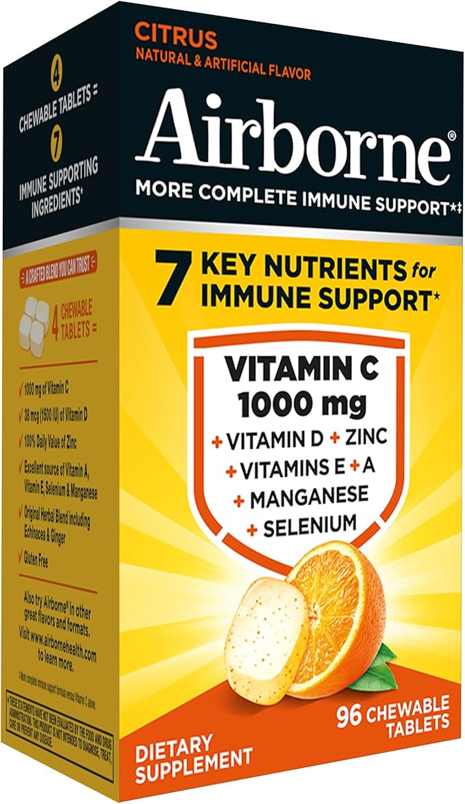Airborne Vitamin C 1000mg (per Serving) - Citrus Chewable Tablets (96 Count in a Box) - Packaging May Vary