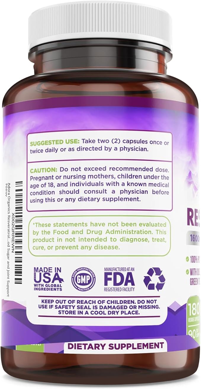 Resveratrol 1600mg - 180 Capsules | Trans-Resveratrol Antioxidant Supplement with Natural Green Tea, Grape Seed Polyphenols & Quercetin, Supports Digestive, Heart Health, Immune System, Brain Function