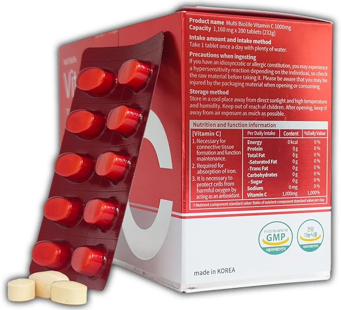 Vitamin C 1000mg (200 Tablets) - Supports a Immune System & Anti-oxidant Protection | Gluten Free - Made in Korea