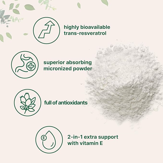 Pure Trans-Resveratrol Powder with Vitamin E, 5 Ounce, 2 in 1 Formula, Micronized Powder for Better Absorption, Premium Resveratrol Supplement, Super Antioxidant