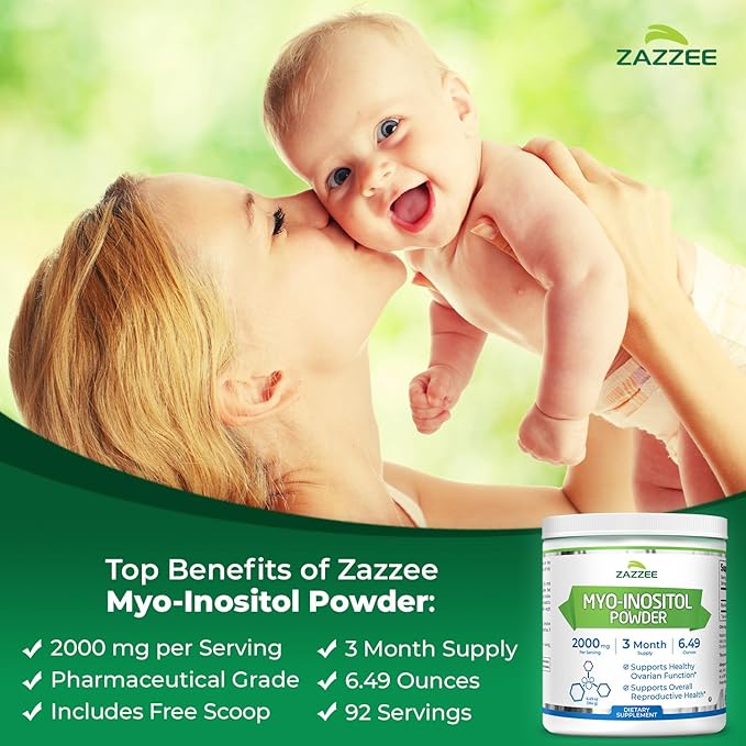 Zazzee Myo-Inositol Powder, 3 Month Supply, 92 Servings, 2000 mg per Serving, Free Scoop for Exact Dosage, 6.49 Ounces, Certified Kosher, 100% Pure, Fertility & Reproductive Support, Made in the USA
