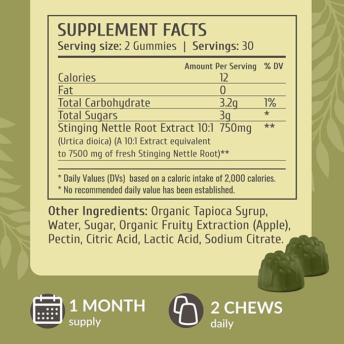 HERBAMAMA Stinging Nettle Gummies - 7500mg Stinging Nettle Root Extract for Urinary Tract Support for Women & Men - Vegan, Non-GMO Urtica Dioica Supplement - 60 Pectin-Based Apple-Flavored Chews