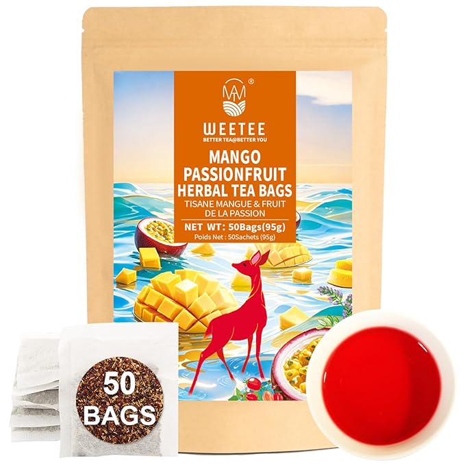 WT WEETEE Mango Passionfruit Herbal Tea, 50 Count Tropical Fruit Flavored Tea Bags, Caffeine Free Herbal Hibiscus Rosehips Cinnamon Orange Peel