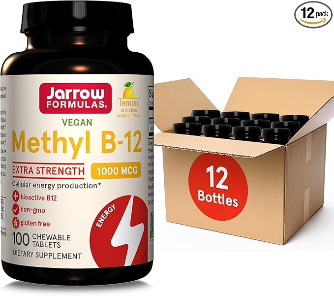 Jarrow Formulas Extra Strength Methyl B-12, Dietary Supplement for Cellular Energy Production, 100 Lemon-Flavored Chewable Tablets, Up to a 100 Day Supply, Pack of 12