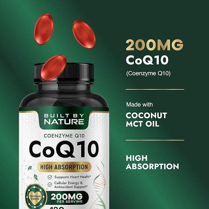 Built by Nature CoQ10 – High Absorption Coenzyme Q10 Supplement with Coconut MCT Oil – Promotes Heart Health, Cellular Energy & Antioxidant Support – 120 Softgels