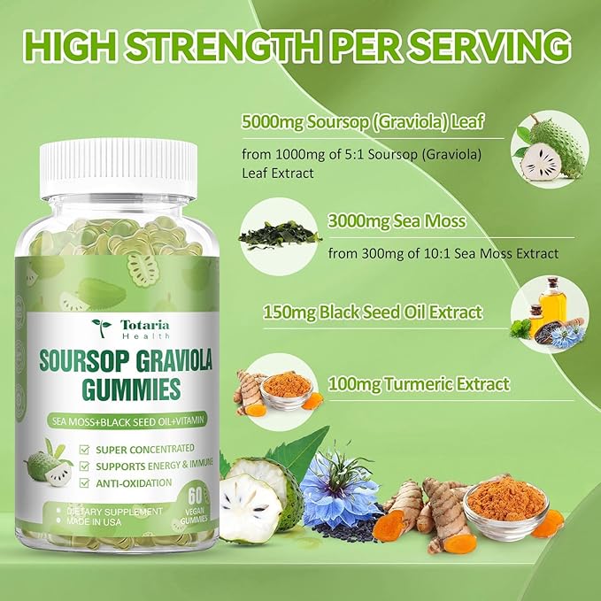 Totaria (2 Packs) Sugar Free Soursop Oil Graviola Sea Moss Gummies - Support Digestive Sleep Skin Health, Immunity & Antioxidant - Guanabana Fruit with Sea Moss, 150mg Black Seed Oil Non-GMO Vegan