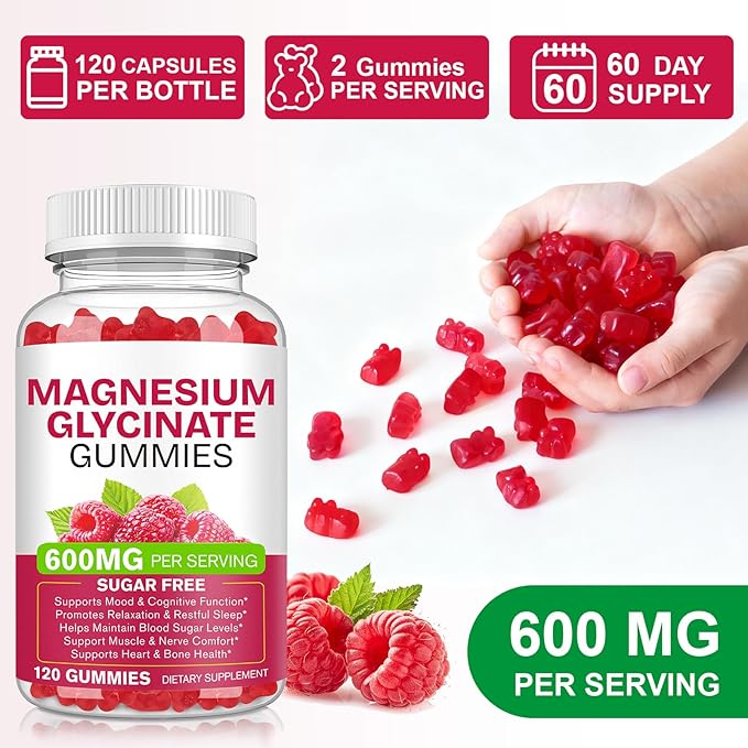 Magnesium Glycinate Gummies 120 Count - Sugar Free Magnesium Supplement - Supports for Sleep, Memory, Mood, Muscle, Relaxation, Heart & Bone Health