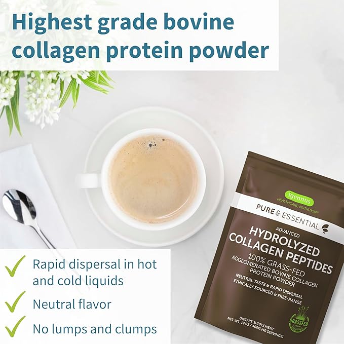 Igennus Free Range Grass Fed Hydrolyzed Bovine Collagen Peptides, Neutral Taste, 100% Highest Grade Bovine Collagen Protein Powder, Types 1, 2 & 3, Clean Label, Non-GMO, Free Range, 40 Servings