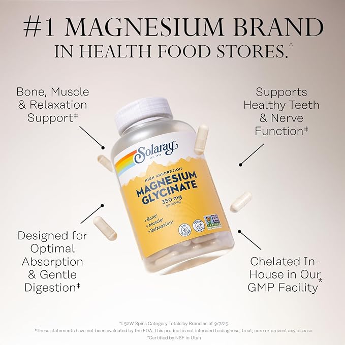 SOLARAY Magnesium Glycinate Capsules, Chelated Magnesium Bisglycinate w/BioPerine, Higher Absorption Magnesium Supplement - Bones, Muscles, Heart Support, Vegan (30 Servings, 120 VegCaps)