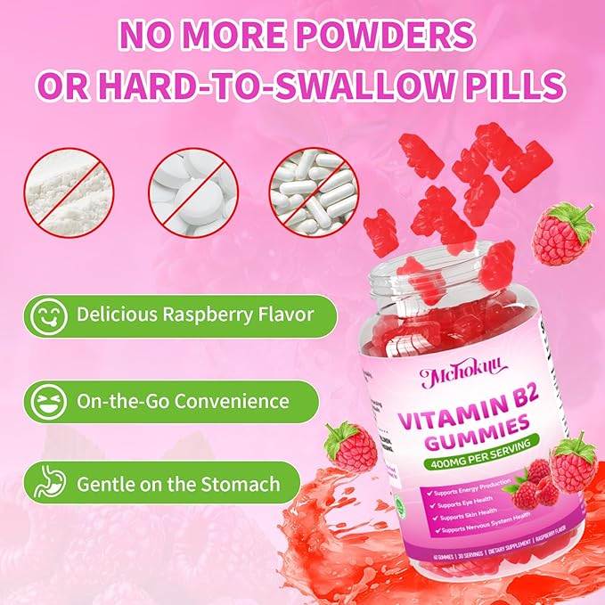 Vitamin B2 Gummies 400mg – Riboflavin Supplement with Magnesium for Kids & Adults | Supports Nervous System & Energy Production | Sugar Free, Vegan, Non-GMO, Raspberry Flavor - 120 Count