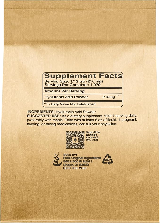 PURE ORIGINAL INGREDIENTS Hyaluronic Acid (8 oz) Water Soluble, Fine Powder