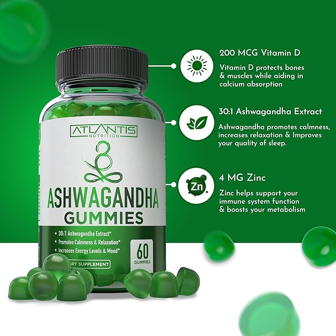 Atlantis Nutrition Ashwagandha Gummies - Ashwagandha Extract 30:1 - Promotes Calmness, Improves Mood, Boosts Energy Levels & Strengthens Immune System - Formulated w/Vitamin D & Zinc - Vegan | 60 Ct