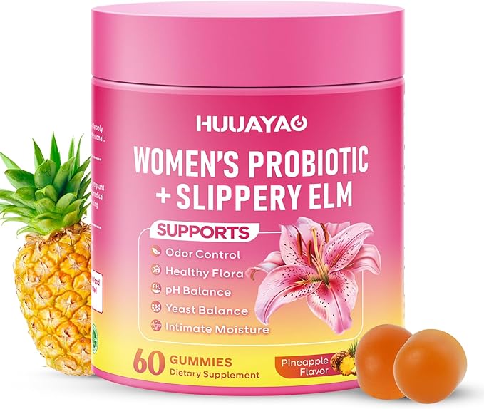 Her Juicy Feminine Probiotics Gummies - Women's Probiotic Slippery Elm Gummies Support pH Balance, Gut Health & Immune System, Sugar-Free, Pineapple Flavor, 60 Count