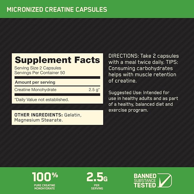 Optimum Nutrition Micronized Creatine Monohydrate Capsules, Keto Friendly, 2500mg, 100 Capsules