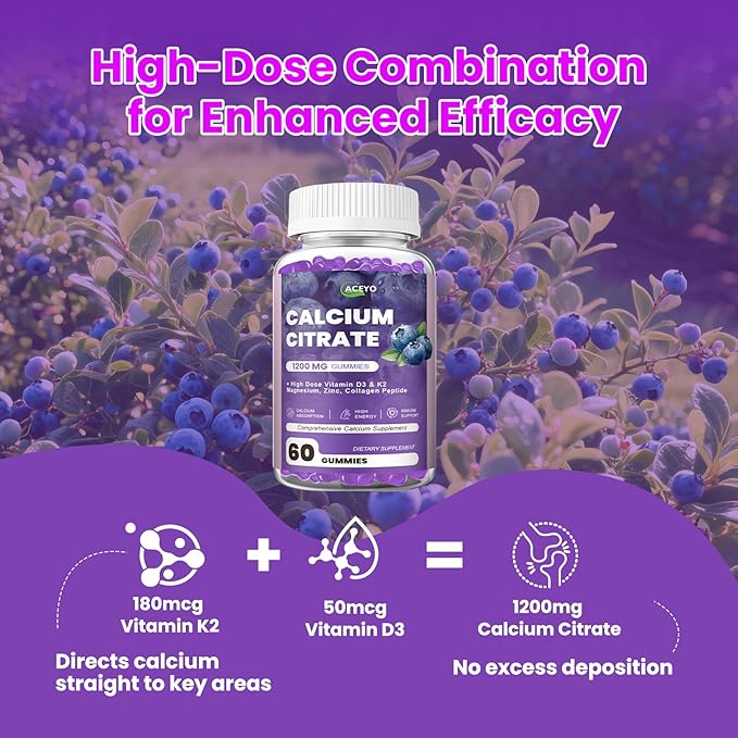 Calcium Citrate Gummies, 1200mg Chewable Calcium Supplement with Vitamin D3, K2, Magnesium & Zinc, Supports Energy and Immunity, High Absorption, Sugar-Free, Blueberry Flavor, 60 Count