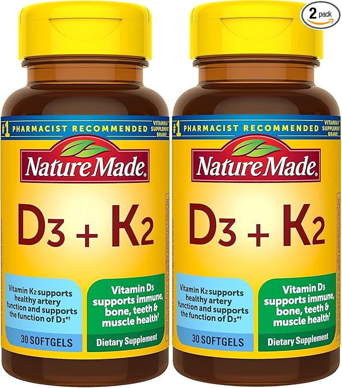Nature Made Vitamin D3 K2, 5000 IU (125 mcg) Vitamin D, Dietary Supplement for Bone, Teeth, Muscle and Immune Health Support, 30 Softgels, 30 Day Supply - Pack of 2