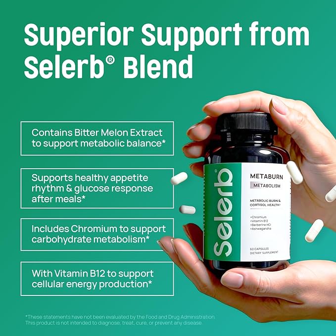 Selerb Metaburn Weight Loss Pills for Women & Men - Appetite Suppressant & Fat Burner, Metabolism Support Weight Loss Supplement with Berberine, Chromium, Green Tea & B12-60 Capsules