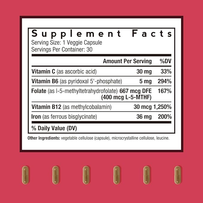 Doctor's Recipes Iron Supplement for Women Men - Gentle Iron Bisglycinate with Vitamin C, B6, Folate & B12, Stomach Friendly Iron Pills, 30 Vegan Caps
