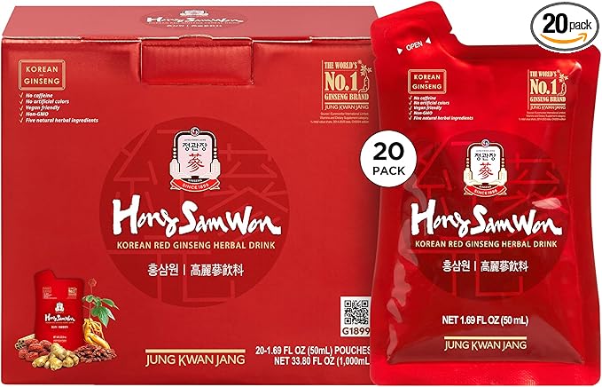 JUNG KWAN JANG Hong Sam Won Korean Red Ginseng Drink | Energy Drink, Pre Workout, Herbal Tea, Ginseng Supplement | Jujube, Ginger, Cinnamon, Goji Berry | Vegan Friendly (20 Count)