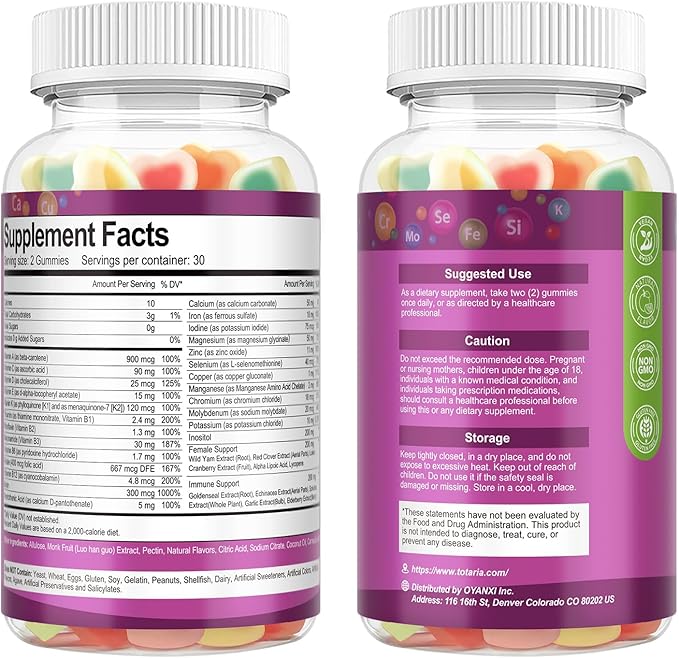 Totaria Sugar Free Womens Multivitamin Gummies with Iron, Women's Multivitamin w/Vitamins C, D3 K2, B12, B6, Filled Gummies for Daily Nutritional Support| Immune Support| Skin Health, Mixed Flavors